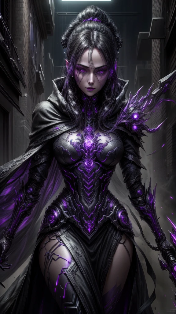 a dark fantasy cyberpunk android woman, 1 girl, highly detailed, hyper realistic, masterpiece, 8k, photorealistic, beautiful detailed eyes, beautiful detailed lips, extremely detailed face, long eyelashes, long white hair, shawl, black coat, glowing purple eyes, expressionless, mecha long skirt, holding a weapon, beautiful necromancer, dark cloaked necromancer, beautiful death, dark witch character, (black purple:1.1), studio lighting, professional, vivid colors, physically-based rendering, extreme detail description