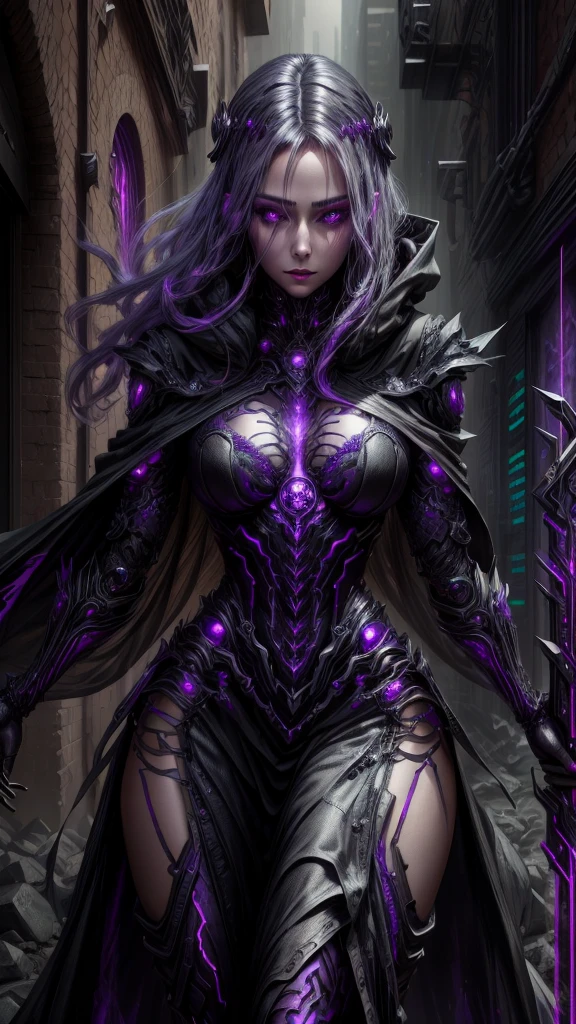 a dark fantasy cyberpunk android woman, 1 girl, highly detailed, hyper realistic, masterpiece, 8k, photorealistic, beautiful detailed eyes, beautiful detailed lips, extremely detailed face, long eyelashes, long white hair, shawl, black coat, glowing purple eyes, expressionless, mecha long skirt, holding a weapon, beautiful necromancer, dark cloaked necromancer, beautiful death, dark witch character, (black purple:1.1), studio lighting, professional, vivid colors, physically-based rendering, extreme detail description