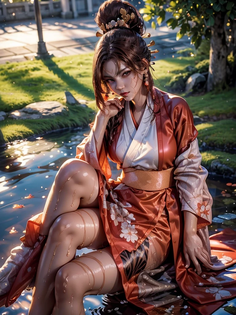 (exquisitely detailed CG unity 8k wallpaper, masterpiece-quality with stunning realism), (best illumination, best shadow), (best quality), (elegant style:1.2), Arti modern anime. angled view, heroic pose, midshot, (cel-shading style:1.3), centered image, ultra detailed closeup portrait of (Mai Shiranui:1) from (King of Fighters), best quality, expressive eyes, perfect face, highres, (ultra details), 1 girl, solo, (brown hair:1), hair ornament, eyeshadow, (gold, white and mainly red qipao:1), highly ornamented, (in Shinjuku, Tokyo:1), portrait, looking at the viewer, piercing eyes, full body, (light from the angle:1) (wind blowing:1.2).(depth of field effects:1.3) (motion action:1.2) (closeup:1.2) (motion blur effects:1), (spreading legs:1), Thin to transparent,see-through, (((Soggy-kimono:1.2))),Lace fabric, (((water-immersed body: 0.9))), jewellery, (lying down:1) (fire in the background:1.1), (asian face:1.2), (nail polish:.6), (makeup:.8), (arms and hands resting:1) (arms down:1) (sexy pose:1), (2 legs:1), (2 arms:1), (2 hands:1), (showing underwear:1.5) (arms down:1.5)