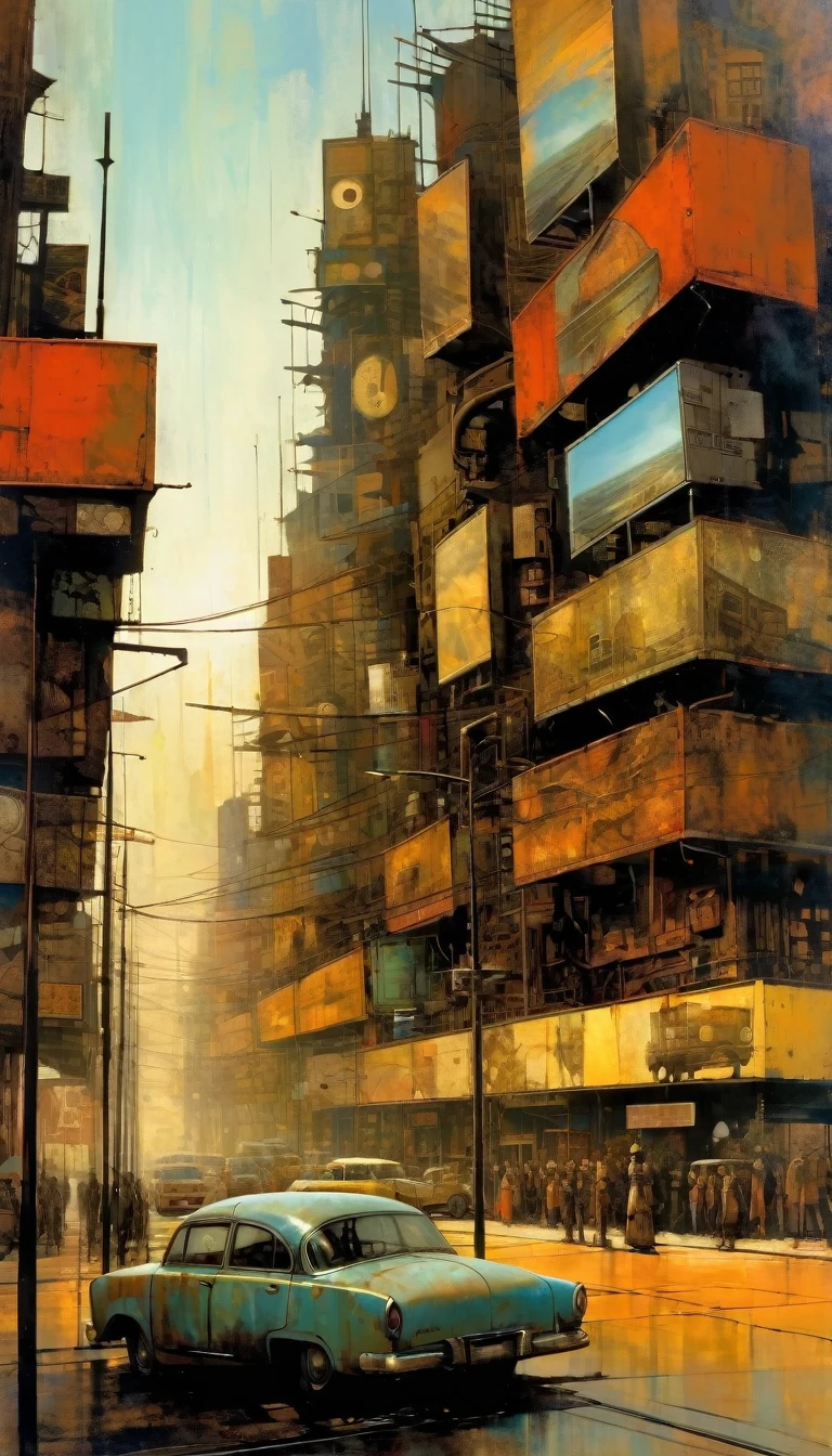 futuristic city.1.5, rusty metal city, lots of details, cars, buildings, billboards, (Dave Mckean inspired art, intricate details, oil painting)
