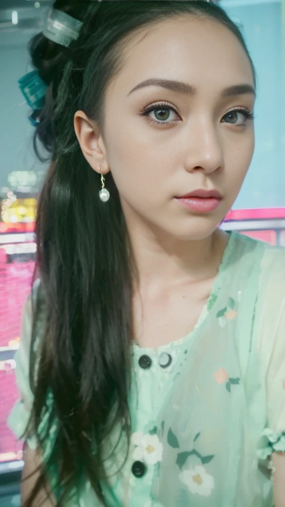 1girl, hatsune miku, black tape project, dutch angle, detailed hair, detailed  features, detailed eyes, detailed lips, intricate hairstyle, long flowing hair, cyberpunk, neon lights, glowing neon, dark futuristic city, moody lighting, cinematic composition, dynamic camera angle, high contrast, vivid colors, (best quality,4k,8k,highres,masterpiece:1.2),ultra-detailed,(realistic,photorealistic,photo-realistic:1.37) , .