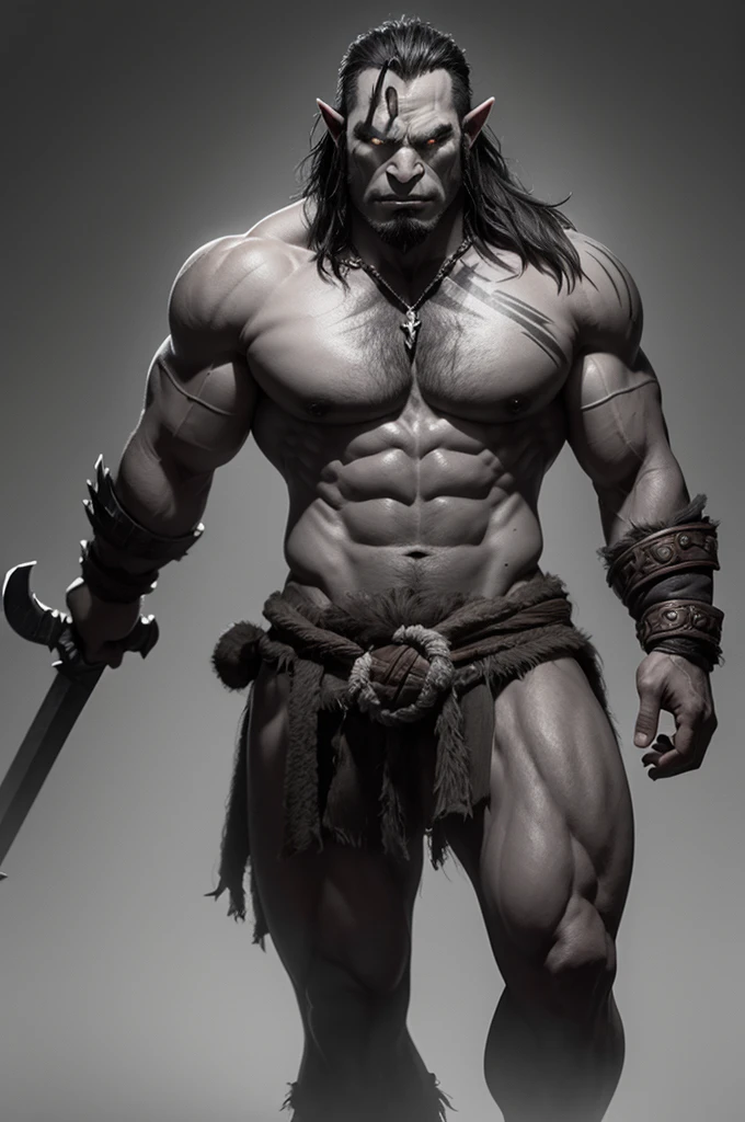 Make me a half-orc in the gray tone of the barbarian class