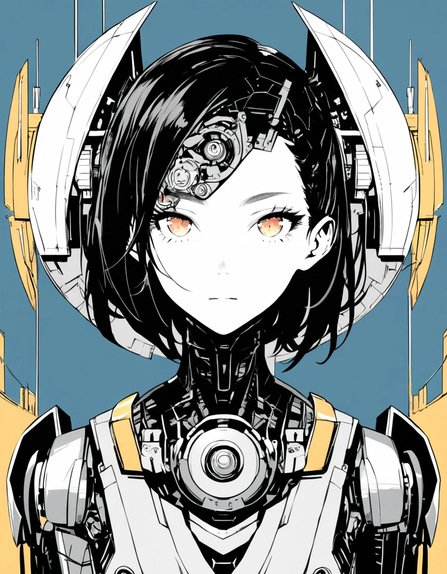 ultra-detailed:1.3, ultra delicate and detailed face:1.3, (absurdres, texture, masterpiece), Advertising portrait , pixiv contest winner, by Posuka Demizu, dynamic manga-style illustration of slender mechanical cyborg girl with big mechanical head, Her glossy head is round form and monoeye in center, head tilt,