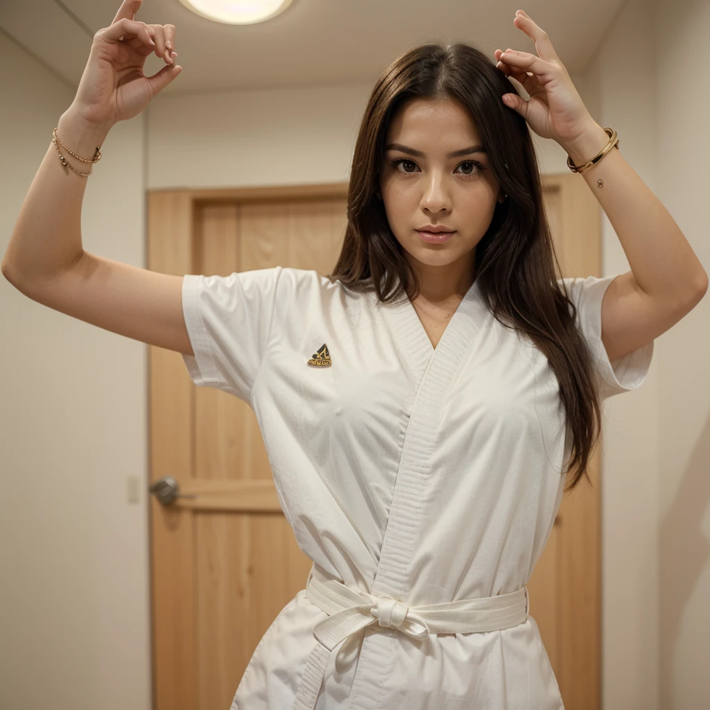 1girl in, 30 years old, Square face, Long hair, Looking at viewer, jewelry, Reality, Sexy, karate uniform, karate dojo , free pose