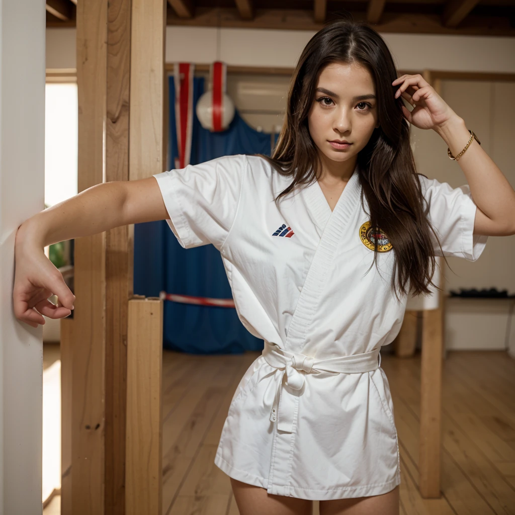 1girl in, 30 years old, Square face, Long hair, Looking at viewer, jewelry, Reality, Sexy, karate uniform, karate dojo , free pose