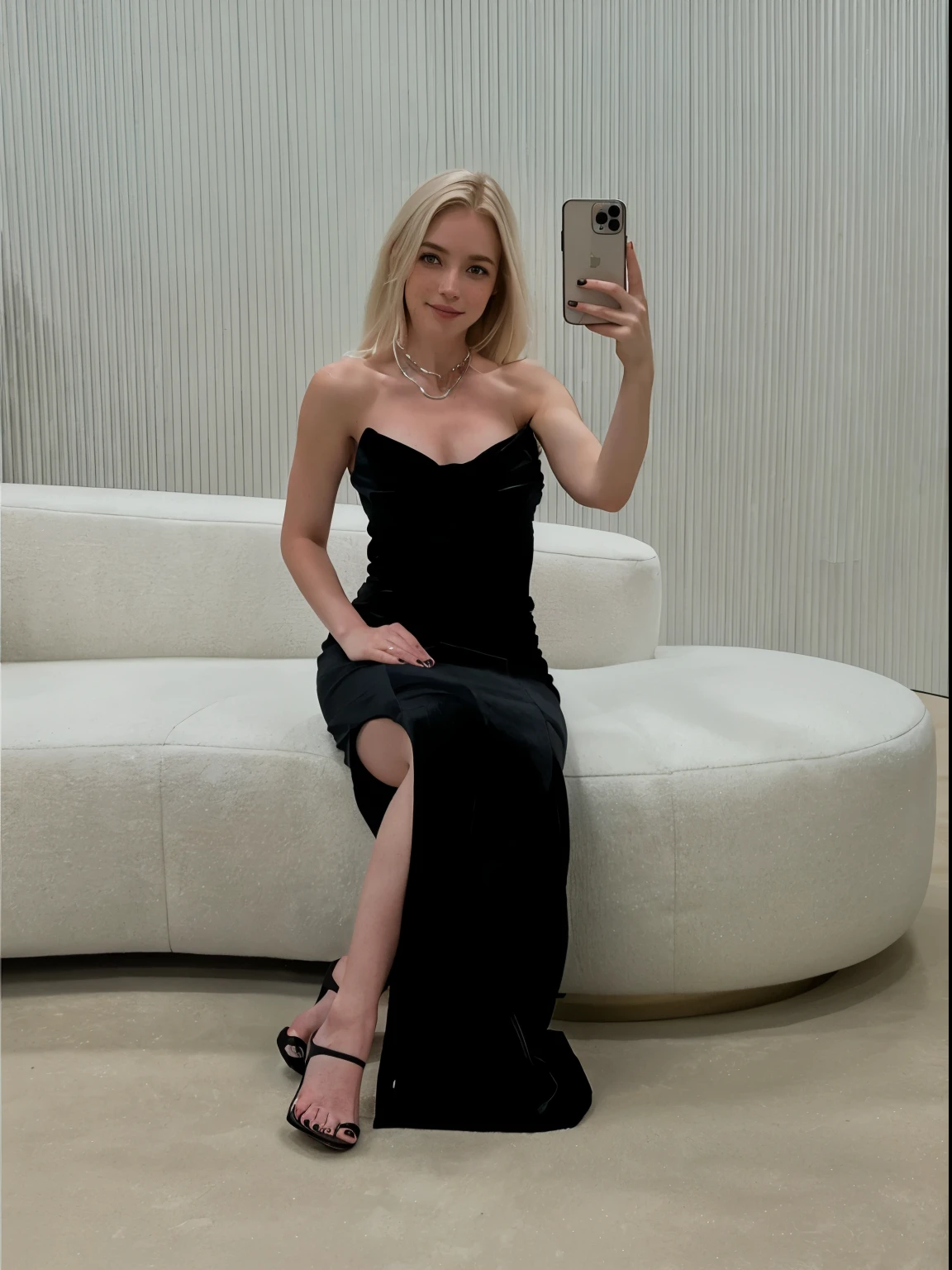 a one woman, americana, age 25, pale skin and freckles, grey-eyed, delicate nose, soft and delicate lips, distant, cabelo blondie distant e ondulado na altura da cintura, Sweet smile, face with delicate feminine facial features, highly rendered