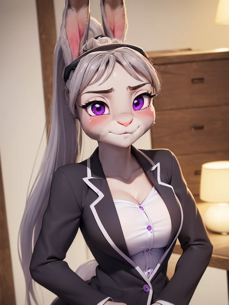 best quality,
masterpiece,
3D anime,
(((solo))),
(((1girl))),
(((Face is JudyHopps))),
(long ears like a rabbit:0.8),
Heir is in a ((ponytail)) style,
see-through bangs,
wispy bangs,
((Her eyes color is purple)),
6.5 head and body,
office suit,
office business suit outfit
office lady,
(((white blouse unbuttoned))),
Navel exposed,
(outfit is made of wool:1.4),
(((body is made of wool fabric))),
(((body is gray with fluffy and fluffy))),
(((skin is wool fabric with fluffy and fluffy))),
((She is blushing in the cheeks)),
((clavicle is emphasized)),
take off jacket,
((looks like crying))
