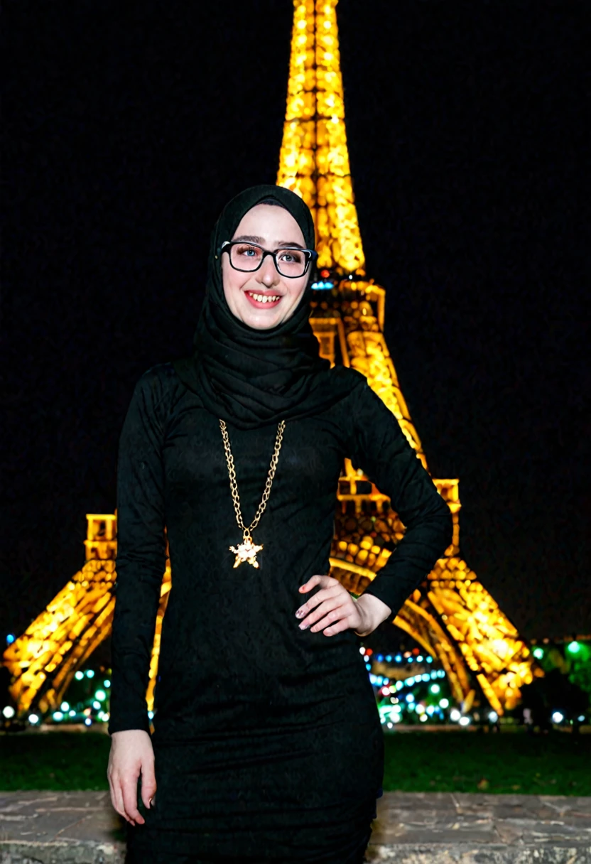 Slim fit weak Very Pale skin black eyebrows kurdish glasses teen in tight black hijab standing front Eiffel tower at night portrait laughing 
