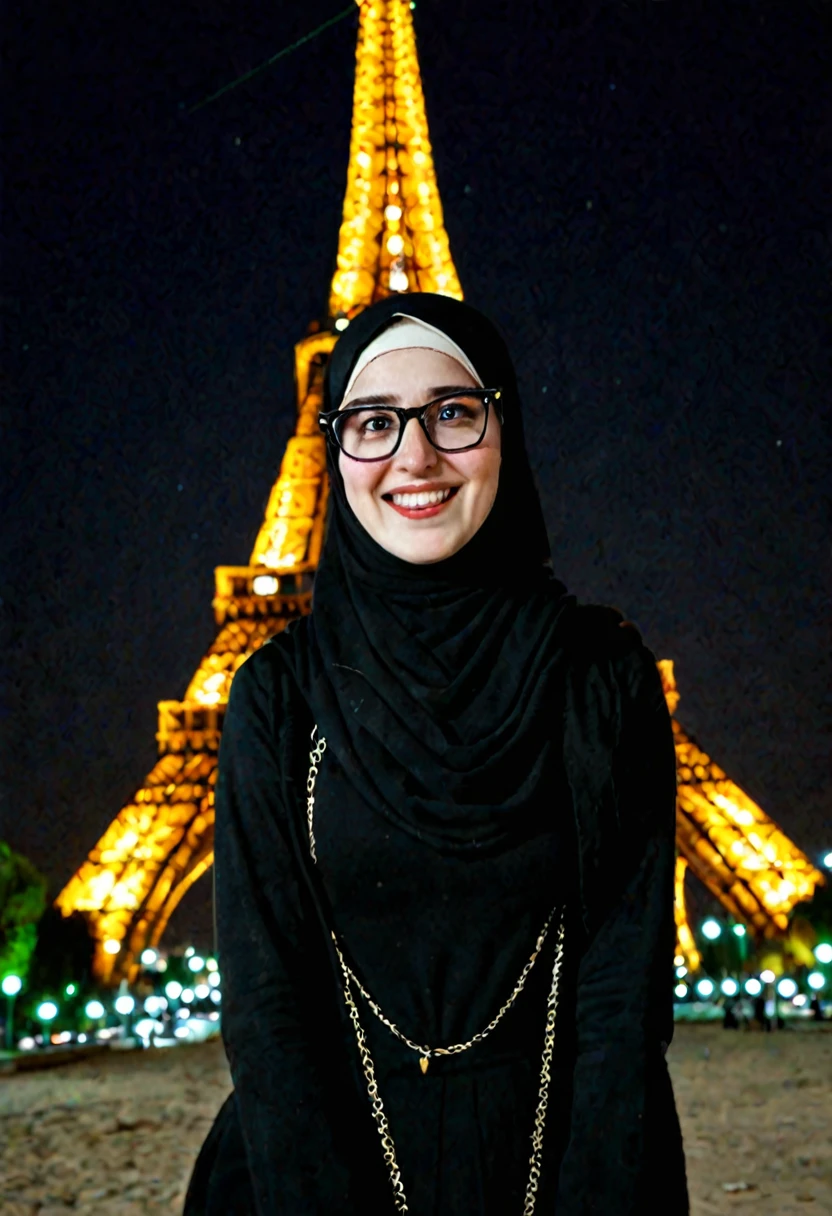 Slim fit weak Very Pale skin black eyebrows kurdish glasses teen in tight black hijab standing front Eiffel tower at night portrait laughing