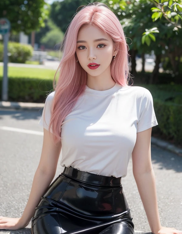 1 girl, Korean model, extremely beautiful, perfect body. Photo taken with Canon EOS R5 85mm f/11 Camera, ((sharp)) mode of people and surrounding scenery. Image quality ((8K)), ((lifelike)), ((masterpiece)), ((sharp and highest contrast)), ((great depth of field)), ((light stereolithography)). ((Pink hair)), long and smooth, the wind blows it beautifully under the bright sunlight. Beautiful face, perfect and sexy, holy, perfectly balanced, ((beautiful in every detail)), ((shiny)), ((high-end cosmetic makeup)), ((shiny bright, radiant)). Bright smile, pure white teeth and details. Seductive glossy red lips, ((brilliant glossy red lipstick)). The eyes are brown, glossy, seductive, ((sharp makeup)), realistic, ((wet eyes)) and detailed. Pink eyeshadow, long eyelashes, blush, high-end cosmetics. Two delicate eyelids, perfectly beautiful and detailed, black eyelashes. Eyebrows are curved, sparse, sharp and detailed. High and detailed nose. Cheeks are prominent and detailed. ((Ivory white, bright white skin)), detailed pores, ((shiny skin)), smooth, rosy, flawless skin texture. Long, shiny legs. Beautiful, perfect hands, ((no flaws)). ((Light shines directly on the face)), bright sunlight, ((shines light on the front part of the girl's body)).
Close-up photo of girl, thin pink ((shirt)) shirt, ((blue shiny leather skirt)), red underwear.