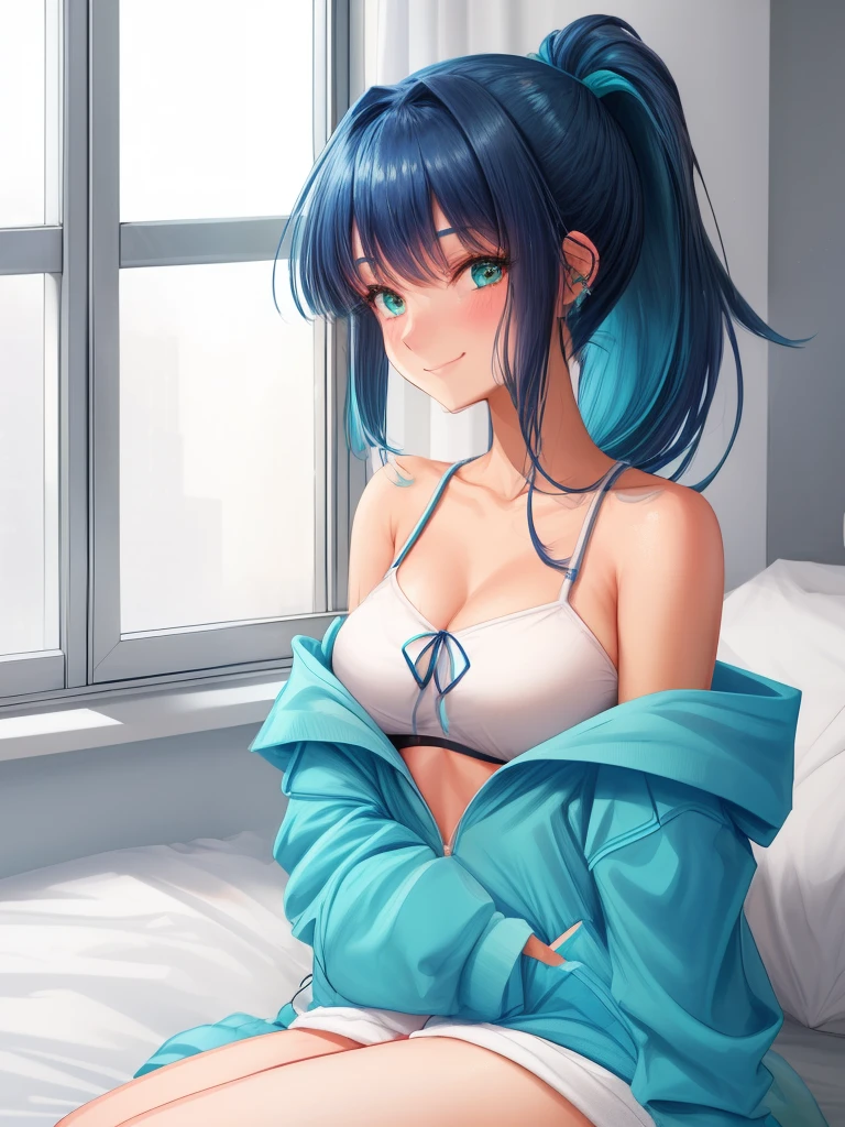 1girl, aqua hoodie, off the shoulder, dark blue hair, blush, looking away, shy, shy smile, ponytail, wispy bangs, bedroom