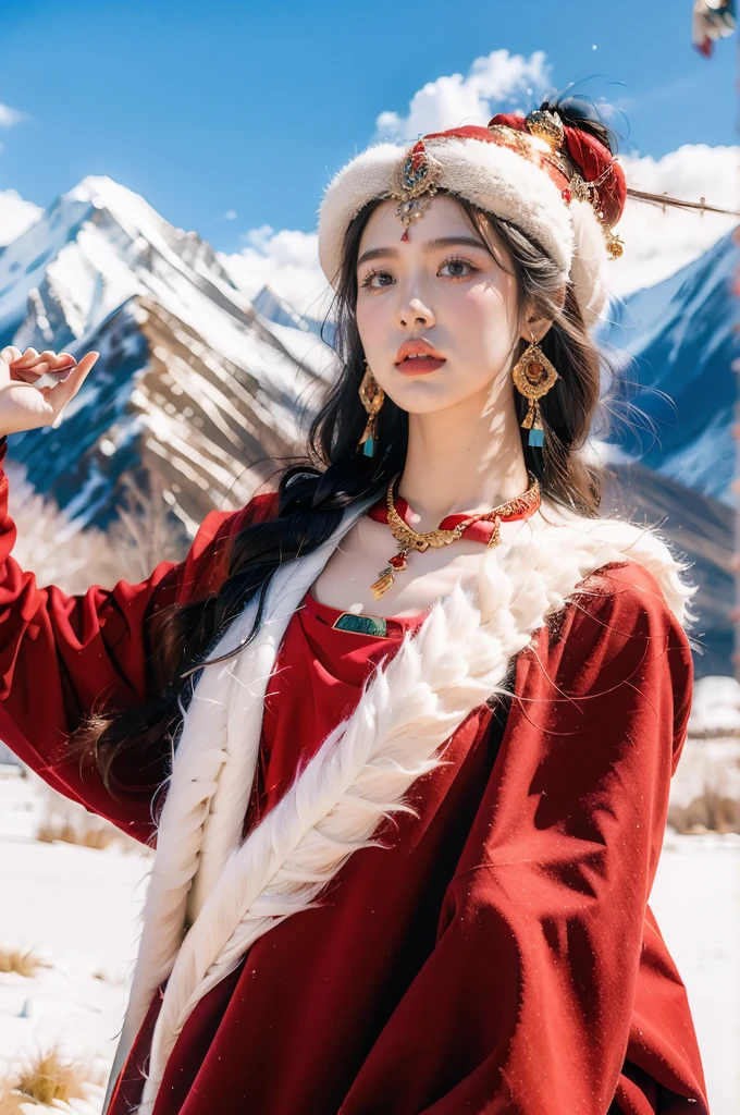 (masterpiece, best quality:1.2),red Tibetan clothing,1 Tibetan girl, blue sky, cloud, cloudy sky, day, earrings,Plush hat, horizon,Tibetan Earrings,jewelry,necklace, lips,snow mountain, outdoors, parted lips, red lips, solo,flat chest,close-up of face