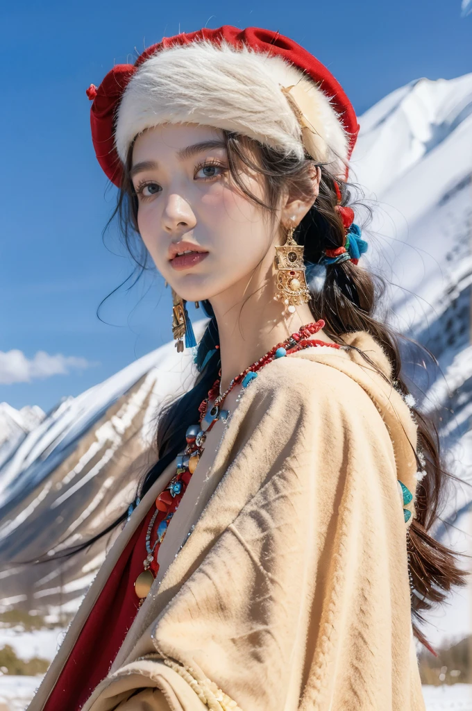 (masterpiece, best quality:1.2),red Tibetan clothing,1 Tibetan girl, blue sky, cloud, cloudy sky, day, earrings,Plush hat, horizon,Tibetan Earrings,jewelry,necklace, lips,snow mountain, outdoors, parted lips, red lips, solo,flat chest,close-up of face