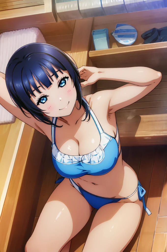 (((pixel-perfect, detail-perfect))), solo, 1girl, Karin asaka, smile, eyes azzur, hair blue, sauna, armpit, bikini, large extreme filesize, ultra High Qality