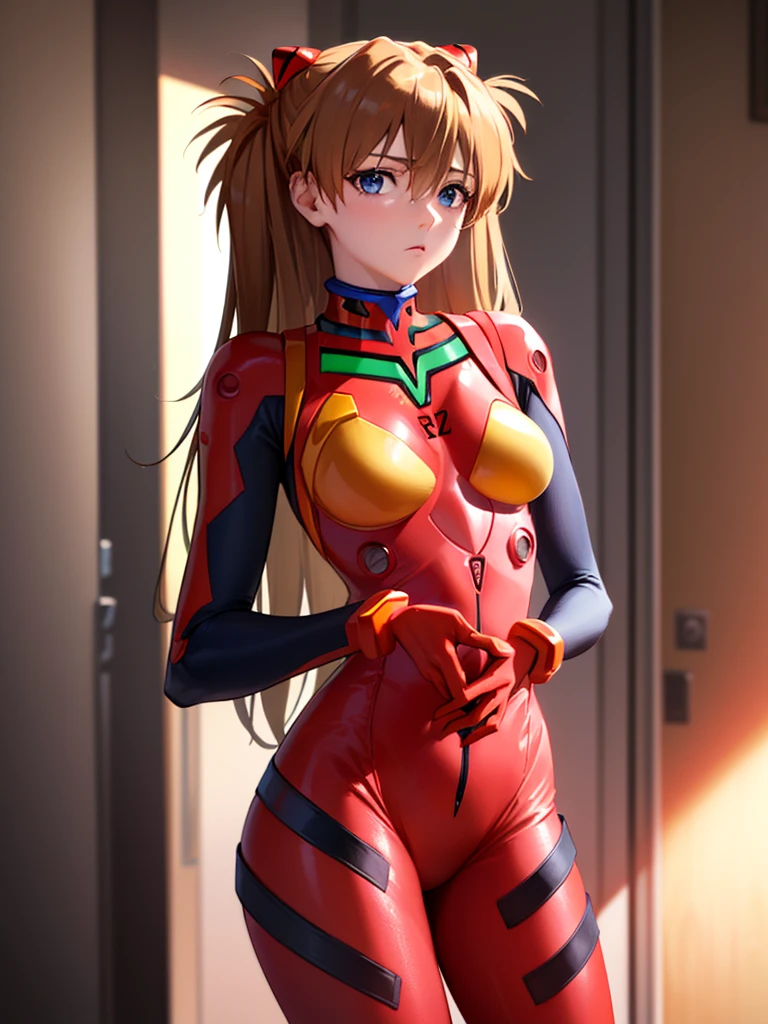 Sugar Angle, Soryu Asuka Langley, (Soryu Asuka Langley:1.5), blue eyes, Hair between the eyes, headgear, Interface Headset, Orange Hair, Both sides up,
Blake Bodysuit, Long sleeve, Plug Suit, Red bodysuit,
Indoor rest, Shabby room,
break looking at viewer, (Cowboy Shot:1.5),
break (Tabletop:1.2), Highest quality, High resolution, unity 8k wallpaper, (figure:0.8), (Beautiful attention to detail:1.6), Highly detailed face, Perfect lighting, Highly detailed CG, (Perfect hands, Perfect Anatomy),Bare breasts、Nipples are visible