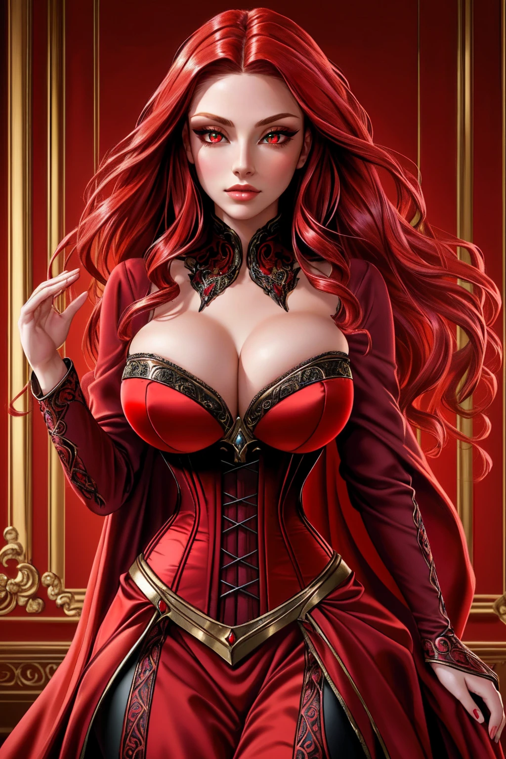 a woman with long crimson hair, wearing a long, intricate corset, beautiful detailed eyes, beautiful detailed lips, extremely detailed face, longeyelashes, elegant pose, graceful movement, breathtaking, detailed and realistic, oil painting, dramatic lighting, warm color palette, cinematic composition, masterpiece, 8k, high quality, Scarlet Witch, (((red eyes)))