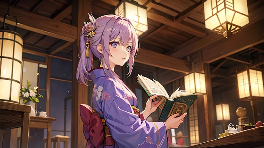 woman　clear　Light purple hair　　kimono　　Anime Style　reading　literature　Study
