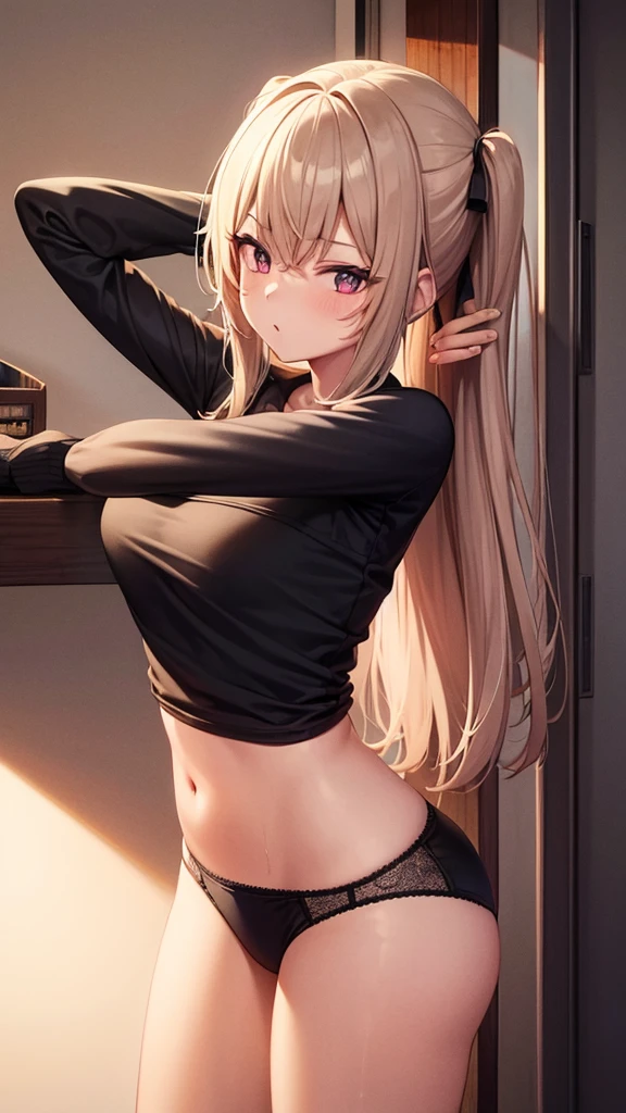 1girl, underwear, lingerie, tight shirt, big chest, reaching at the top of a cupboard, shiny skin