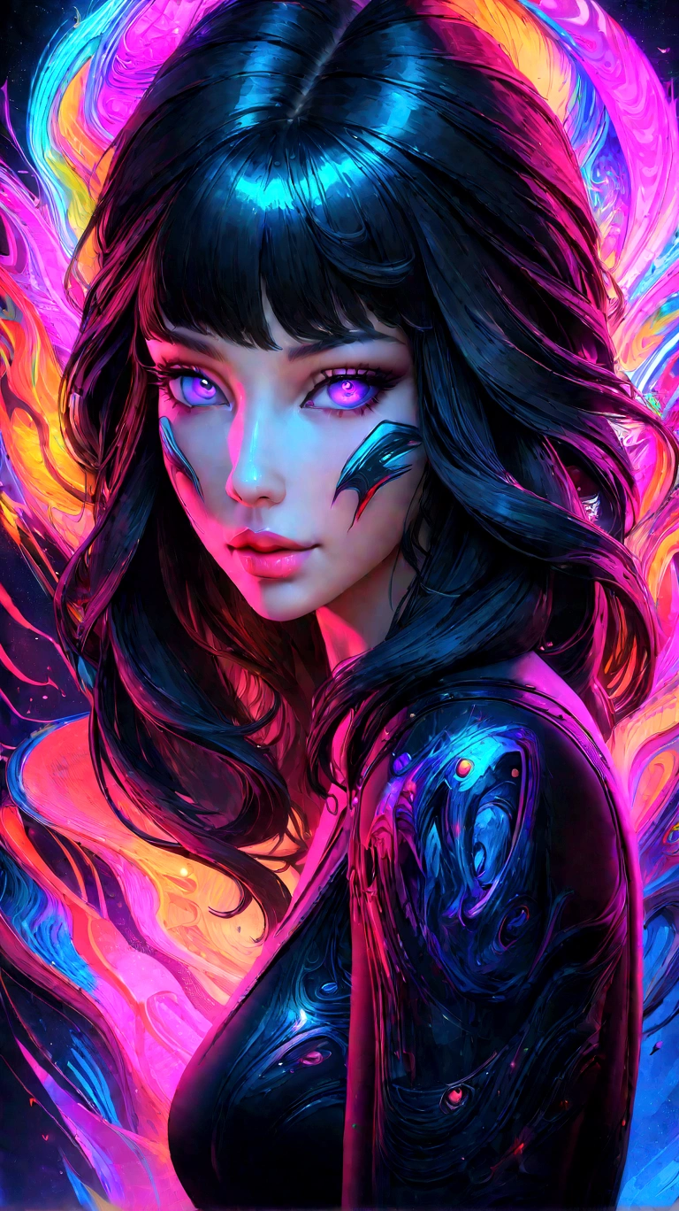 a woman in a black dress with neon lights on the body, light wave girl portrait, Beautiful digital artwork, Detailed 4K digital art, gorgeous digital art, obra de Artedigital 4K, colorful glow, just kidding, colorful digital fantasy art, beautiful gorgeous digital art, Artedigital 4K, Artedigital 4K, neon digital art, cyberpunk art style