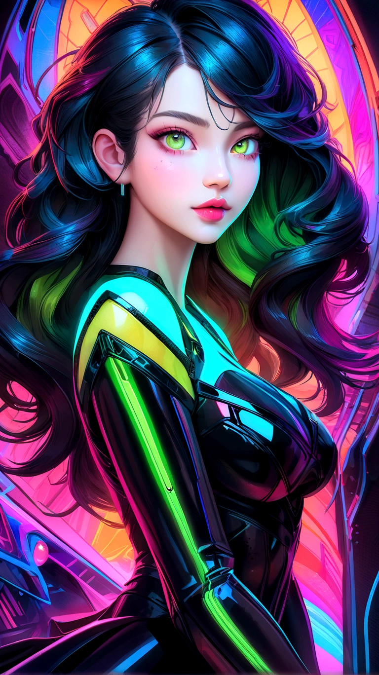 a woman in a black dress with neon lights on the body, light wave girl portrait, Beautiful digital artwork, Detailed 4K digital art, gorgeous digital art, obra de Artedigital 4K, colorful glow, just kidding, colorful digital fantasy art, beautiful gorgeous digital art, Artedigital 4K, Artedigital 4K, neon digital art, cyberpunk art style