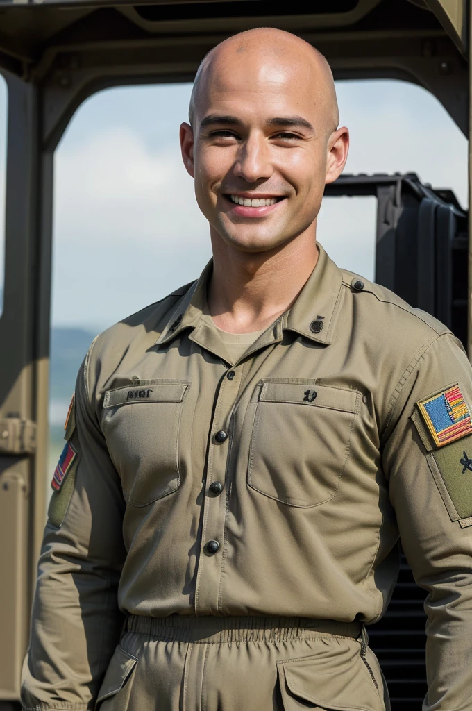((8k ((best quality)), ((masterpiece)), (very detailed), real face bald male muscular male full body wear soldiers suit stand by military truck smiling