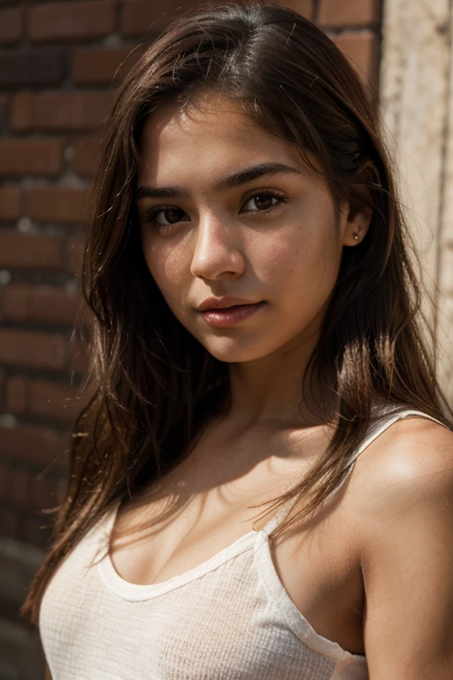 A young girl 18 years, latina female , brown hair , semi realistic face in lingire