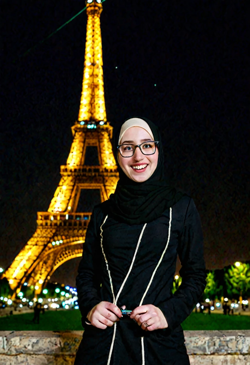 Slim fit weak Very Pale skin black eyebrows kurdish glasses  in tight hijab standing front Eiffel tower at night portrait laughing 