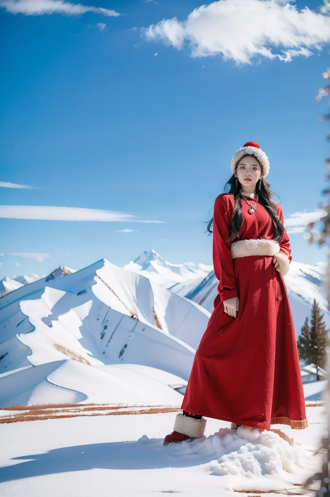 (masterpiece, best quality:1.2),red Tibetan clothing,1 Tibetan girl, blue sky, cloud, cloudy sky, day, earrings,Plush hat, horizon,Tibetan Earrings,jewelry,necklace, lips,snow mountain, outdoors, parted lips, red lips, solo,flat chest,full body,slender legs,boots