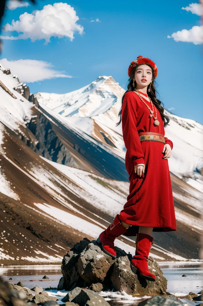 (masterpiece, best quality:1.2),red Tibetan clothing,1 Tibetan girl, blue sky, cloud, cloudy sky, day, earrings,Plush hat, horizon,Tibetan Earrings,jewelry,necklace, lips,snow mountain, outdoors, parted lips, red lips, solo,flat chest,full body,slender legs,boots