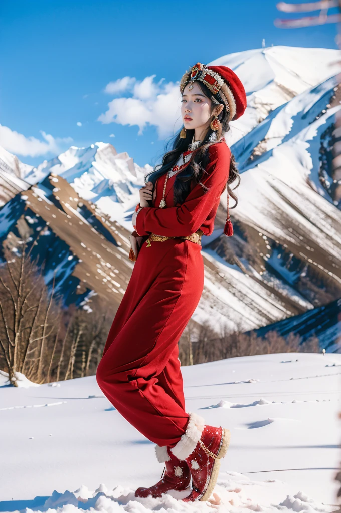 (masterpiece, best quality:1.2),red Tibetan clothing,1 Tibetan girl, blue sky, cloud, cloudy sky, day, earrings,Plush hat, horizon,Tibetan Earrings,jewelry,necklace, lips,snow mountain, outdoors, parted lips, red lips, solo,flat chest,full body,slender legs,boots