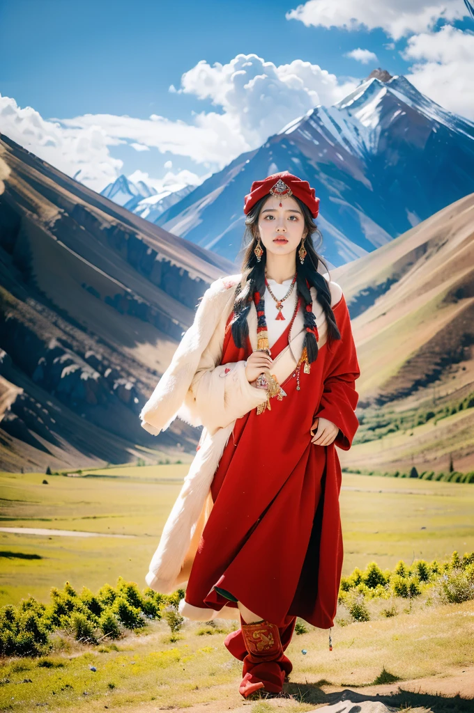 (masterpiece, best quality:1.2),red Tibetan clothing,1 Tibetan girl, blue sky, cloud, cloudy sky, day, earrings,Plush hat, horizon,Tibetan Earrings,jewelry,necklace, lips,snow mountain, outdoors, parted lips, red lips, solo,flat chest,full body,slender legs,boots