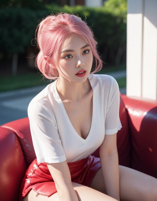 1 girl, Korean model, extremely beautiful, perfect body. Photo taken with Canon EOS R5 85mm f/11 Camera, ((sharp)) mode of people and surrounding scenery. Image quality ((8K)), ((lifelike)), ((masterpiece)), ((sharp and highest contrast)), ((great depth of field)), ((light stereolithography)). ((Pink hair)), long and smooth, the wind blows it beautifully under the bright sunlight. Beautiful face, perfect and sexy, holy, perfectly balanced, ((beautiful in every detail)), ((shiny)), ((high-end cosmetic makeup)), ((shiny bright, radiant)). Bright smile, pure white teeth and details. Seductive glossy red lips, ((brilliant glossy red lipstick)). The eyes are brown, glossy, seductive, ((sharp makeup)), realistic, ((wet eyes)) and detailed. Pink eyeshadow, long eyelashes, blush, high-end cosmetics. Two delicate eyelids, perfectly beautiful and detailed, black eyelashes. Eyebrows are curved, sparse, sharp and detailed. High and detailed nose. Cheeks are prominent and detailed. ((Ivory white, bright white skin)), detailed pores, ((shiny skin)), smooth, rosy, flawless skin texture. Long, shiny legs. Beautiful, perfect hands, ((no flaws)). ((Light shines directly on the face)), bright sunlight, ((shines light on the front part of the girl's body)).
Close-up photo of girl sitting, ((very thin pink shirt)), ((blue shiny leather skirt)), ((red lingerie)).