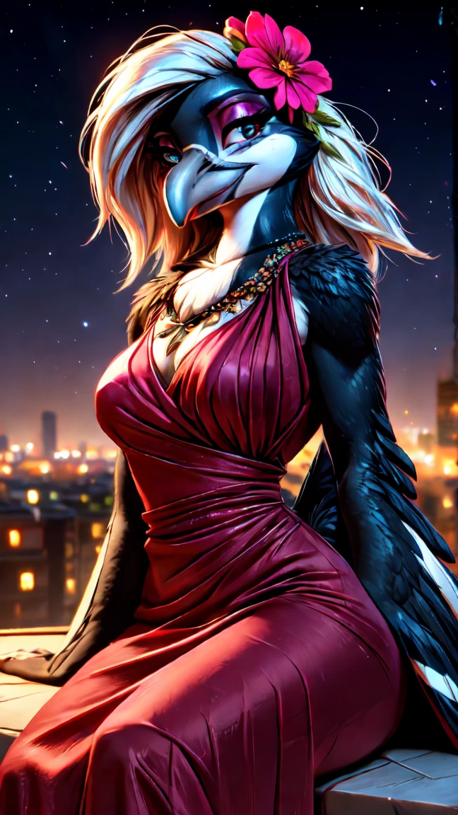 (((Night view of the big city))),(((Little:1.5))),((Jewelry Necklace)),((whole body)),(((Anthro Magpie))),(((Bedroom))),((Lover-like relationship)),((Sexy Dress)),smile,((Flower Hair Ornaments)),woman, ((((winged-arms)))),((sitting)),((wine bottle)),Portraiture, Medium chest, Mouth,cute,super high quality,masterpiece,Heart-shaped pupils,(Highest quality,4K,8K,High resolution,masterpiece:1.2), Very detailed, High resolution, 超High resolution, studio lightning, ultra-fine goodinting, Sharp focus, Physically based rendering, extrine detail description, Professional, Bright colors, Bokeh, (in) you bring, landscape, photograph, Concept Artist (style), (and) vibrant color goodlette, (good) soft lighting