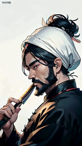 alone、Oriental、Ancient Chinese man in black costume、Holding a feather fan、Highest quality、masterpiece、Ultra-high resolution、(Realistic:1.4)、Game Poster、Crisp and beautiful image quality、(Bearded Man),Ancient Chinese hairstyle with a large plain white beret loosely covering the head like a turban、