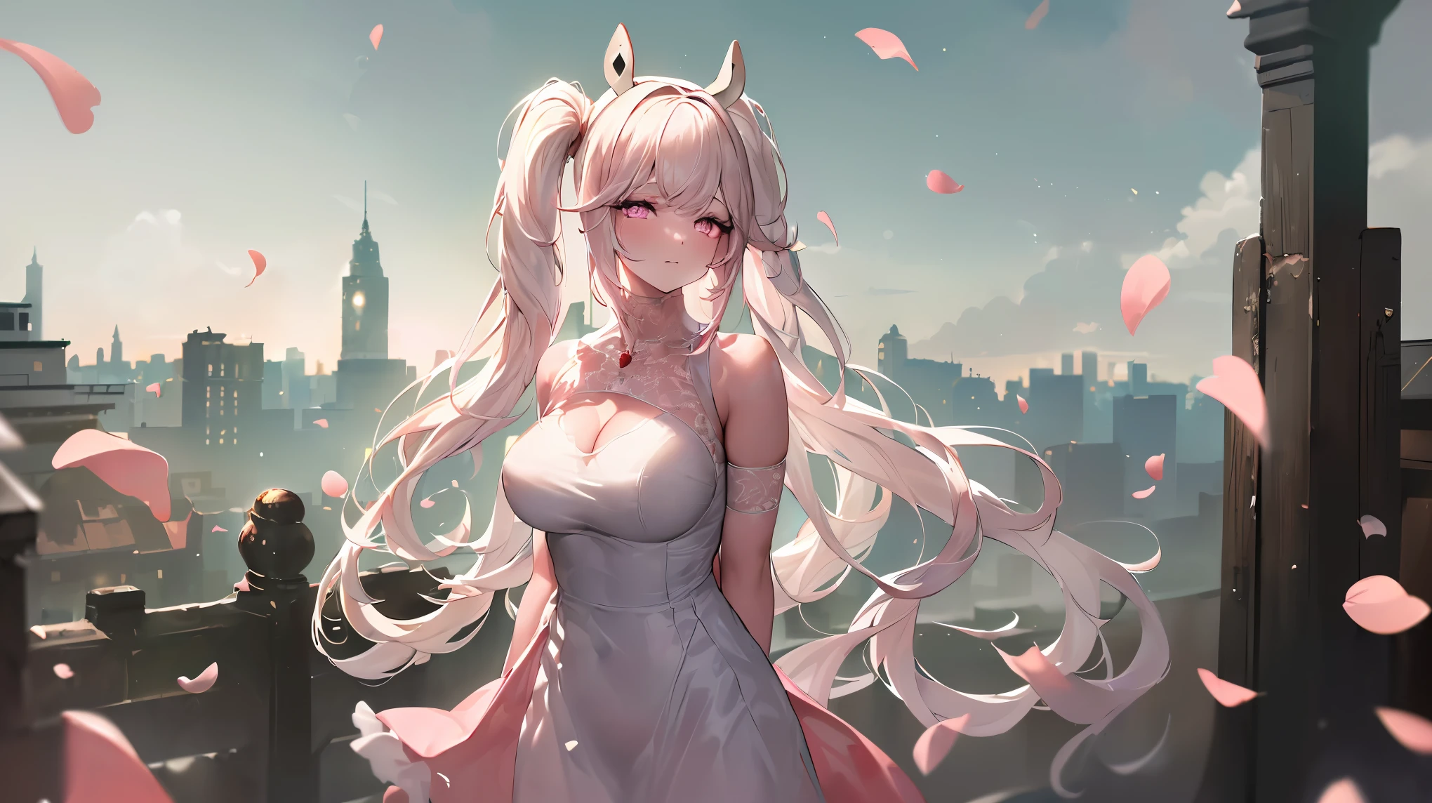 ((((Obra maestra, La mejor calidad, ultrahigh resolution)))), 1girl, standing,), ((long pure pink hair, hair over eye)), long hair cut, shiny skin, ((pink eyes)), glowing_eyes, neon eyes, (ultra detailed eyes:0.7, beautiful and detailed face, detailed eyes:0.9), ((centered)), smirk, facing viewer, ((vibrant background, dark lighting, summer, sunlight)), large chested, looking at viewer, ((half closed eyes)), ((perfect hands)), (((head:1, arms, hips in view, elbows, in view))), ((hands behind back)), empty eyes, beautiful lighting, ((outside, outdoors)), defined subject, head tilt, (((gritty)), ((creepy)), ((cool)), ((beautiful)), (((SFW))), horns, hair ornament, petals in the air, moon in the sky, city, mature woman, adult woman, sfw, pink and white dress, night dress, bunny ears, she is a princess