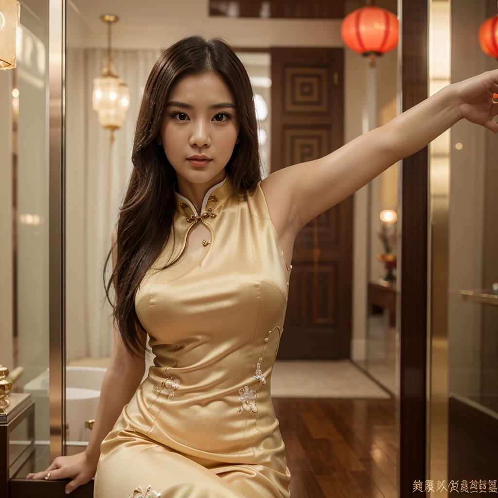 1girl in, 30 years old, Square face, Long hair, Looking at viewer, jewelry, Realistic, Sexy, cheongsam outfit, Chinese background, free pose