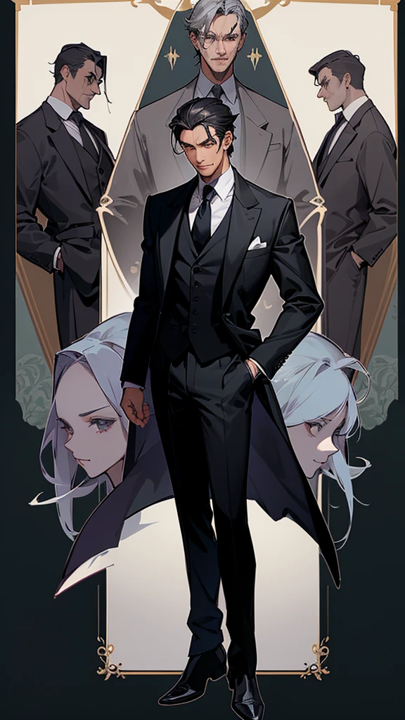 Image of a man in his 50s standing in a suit and tie, Dark colored suit, Black suit, Wearing a black aristocratic suit, highly detailed character design, formal Black suit. detailed, Handsome anime pose, Male character design, very detailed and rich clothing, a stylish suit, Elegant suits, Wearing a fashion suit, detailed full body concept art, Full body illustration, Complicated Suit