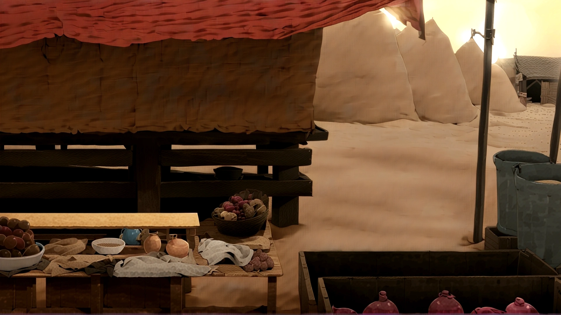 traditional market, market stall, (market tens), wooden box, wooden table, (sand ground, sand hill behind the stall), dawn time, early morning,