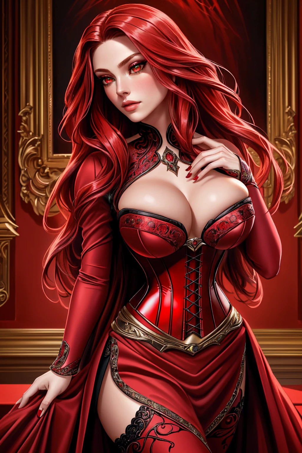 a woman with long crimson hair, wearing a long, intricate corset, beautiful detailed eyes, beautiful detailed lips, extremely detailed face, longeyelashes, elegant pose, graceful movement, breathtaking, detailed and realistic, oil painting, dramatic lighting, warm color palette, cinematic composition, masterpiece, 8k, high quality, Scarlet Witch, (((red eyes)))