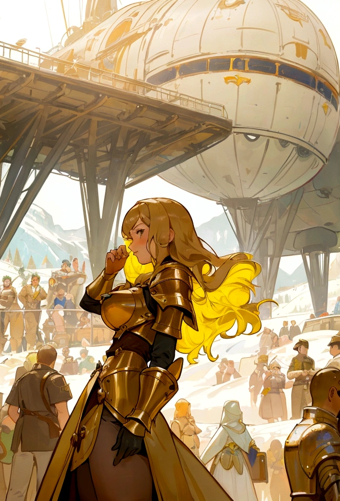 Crowd of women in futuristic dresses々Standing in front of, Large dieselpunk airship, dribble, Inspired by Gil Elvgren, Fantasy Paladin Female, Inspired by Mark Brooks, [ bubble, Portrait of Helen of Troy, Ski resort : :, Golden Armor