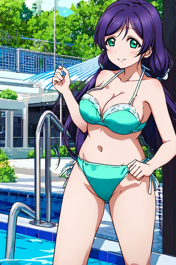 (((pixel-perfect, detail-perfect))), solo, 1girl, nozomi tojo, normal face, eyes green, hair violet, pool, bikini, large extreme filesize, ultra High Qality