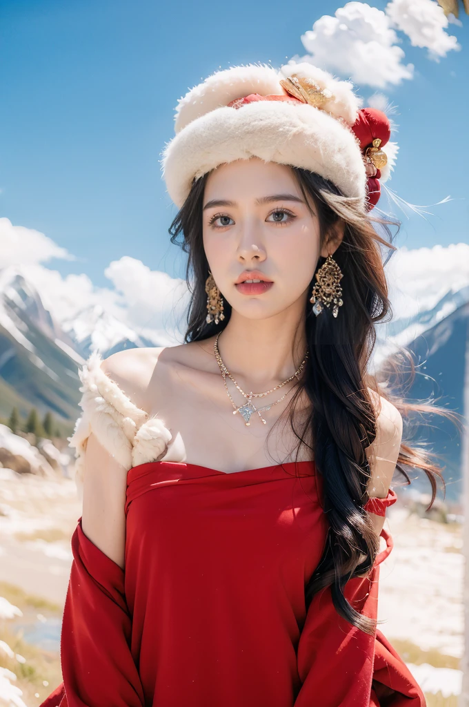 (masterpiece, best quality:1.2),strapless red Tibetan bra,1 Tibetan girl, blue sky, cloud, cloudy sky, day, earrings,Plush hat, horizon,Tibetan Earrings,jewelry,necklace, lips,snow mountain, outdoors, parted lips, red lips, solo,flat chest,close-up of face