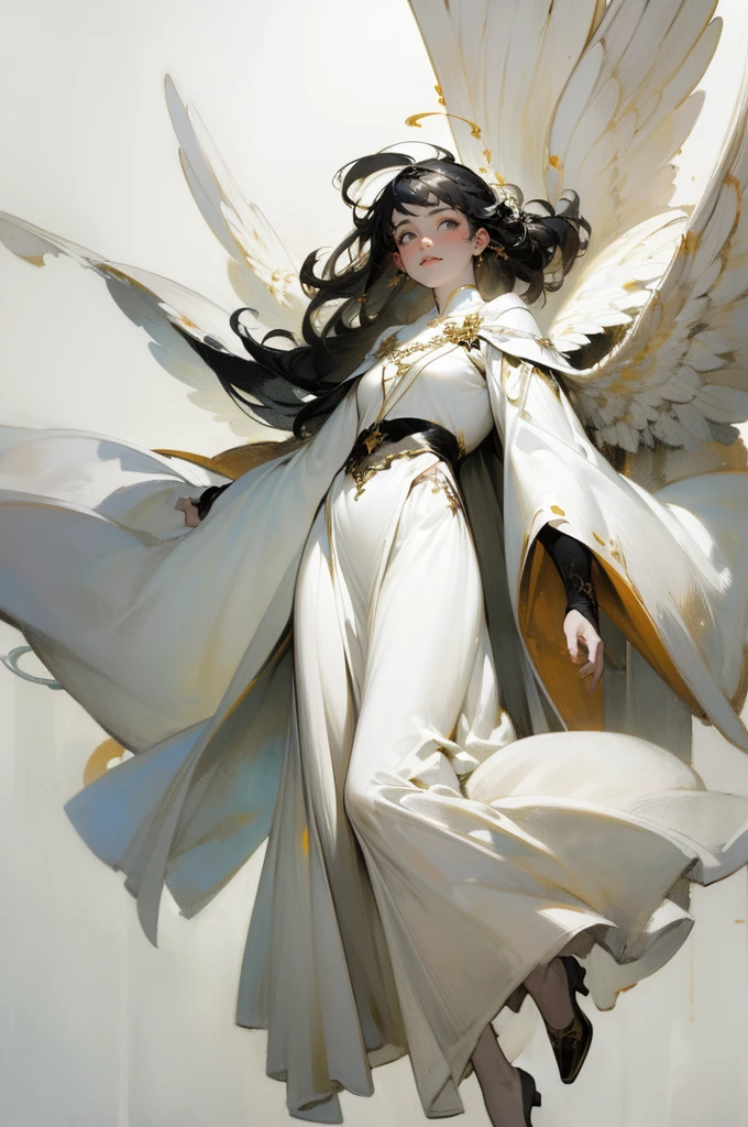 (1girll :1.4)(Warm tones :1.4)toplight,warm lights,faeries, Robe, White gauze texture, Remote,Black hair, long whitr hair, A natural soothing expression,(White color scheme:1.8), Bare legs, (Floating in the air :1.4),(Long skirt :1.4), Mature female face, Complex tree background, Golden helmet, Holy, Solo, the wallpaper, epic feels, looking up at camera, From below,)ultra-wide-angle:1.4), Aura, Feel nature, Look up at the,the complex background,Complicated details