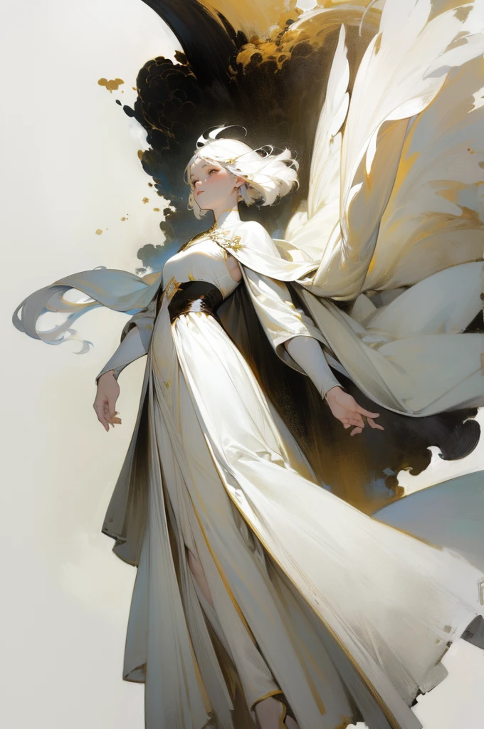 (1girll :1.4)(Warm tones :1.4)toplight,warm lights,faeries, Robe, White gauze texture, Remote,Black hair, long whitr hair, A natural soothing expression,(White color scheme:1.8), Bare legs, (Floating in the air :1.4),(Long skirt :1.4), Mature female face, Complex tree background, Golden helmet, Holy, Solo, the wallpaper, epic feels, looking up at camera, From below,)ultra-wide-angle:1.4), Aura, Feel nature, Look up at the,the complex background,Complicated details