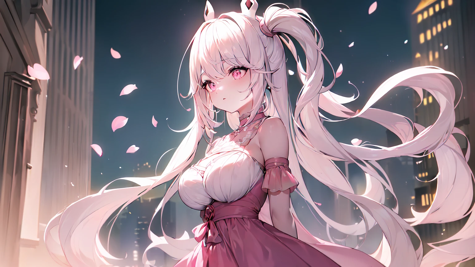 ((((Obra maestra, La mejor calidad, ultrahigh resolution)))), 1girl, standing,), ((long pure pink hair, hair over eye)), long hair cut, shiny skin, ((pink eyes)), glowing_eyes, neon eyes, (ultra detailed eyes:0.7, beautiful and detailed face, detailed eyes:0.9), ((centered)), smirk, facing viewer, ((vibrant background, dark lighting, summer, sunlight)), large chested, looking at viewer, ((half closed eyes)), ((perfect hands)), (((head:1, arms, in view, elbows, in view))), ((hands behind back)), empty eyes, beautiful lighting, ((outside, outdoors)), defined subject, head tilt, (((gritty)), ((creepy)), ((cool)), ((beautiful)), (((SFW))), horns, hair ornament, petals in the air, moon in the sky, city, mature woman, adult woman, sfw, pink and white dress, night dress, ears, she is a princess,