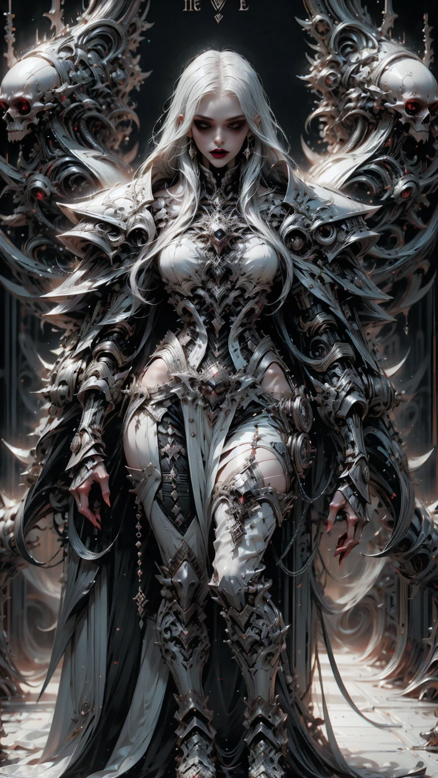 (masterpiece:1.1), (best quality:1.1), (ornate:1.1), (monochrome:1.3), (black and white:1.3), BREAK, (horror:1.0), (esoteric:1.1), (solo:1.4), (dynamic angle:1.0), (cowboy shot:1.0), (woman:1.1),(very muscular bodybuilder girl:1.25), (huge upper body:1.25), (narrow hips:1.0), long hair, (gothic intricate vampiric armor:1.25), ((full body front view)), (gauntlets:1.0), (shoulder armor:1.1), ((tarot style frame:1.25)), (glowing red veins:1.25)