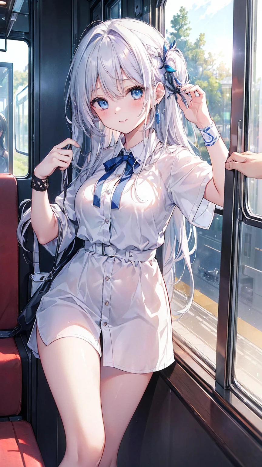 最high quality、Best image quality、masterpiece、girl((20-year-old、 By becoming、Best Bust、Medium Bust,Wide open breast tea、blue eyes and white hair 、Disheveled Hair、Long Hair、thin,The highest valley、White overshirt、Open chest、White wristband、smile、Leaning forward、hair ornaments、Side angle、Lointail、Looking at smartphone)),high quality、Beautiful art、background((Modern train、Window、Light of the sun))、Flight、Flying debris、Written boundary depth、movie、Visual Arts、Perfect art、8K,Genuine、