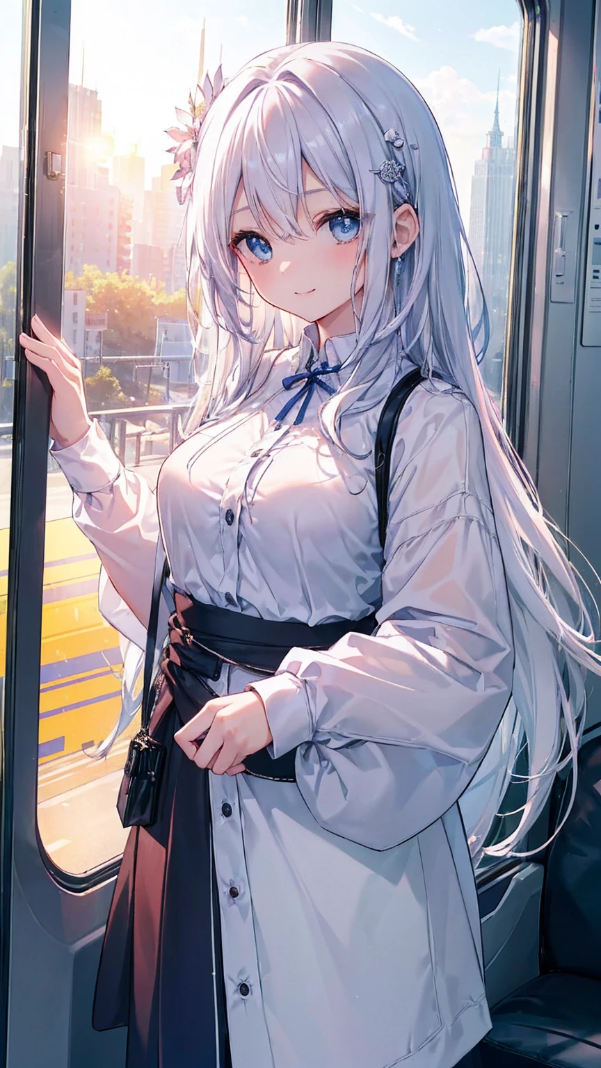 最high quality、Best image quality、masterpiece、girl((20-year-old、 By becoming、Best Bust、Medium Bust,Wide open breast tea、blue eyes and white hair 、Disheveled Hair、Long Hair、thin,The highest valley、White overshirt、Open chest、White wristband、smile、Leaning forward、hair ornaments、Side angle、Lointail、Looking at smartphone)),high quality、Beautiful art、background((Modern train、Window、Light of the sun))、Flight、Flying debris、Written boundary depth、movie、Visual Arts、Perfect art、8K,Genuine、