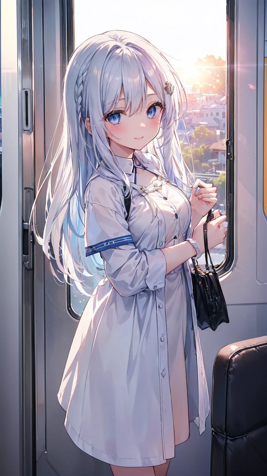 最high quality、Best image quality、masterpiece、girl((20-year-old、 By becoming、Best Bust、Medium Bust,Wide open breast tea、blue eyes and white hair 、Disheveled Hair、Long Hair、thin,The highest valley、White overshirt、Open chest、White wristband、smile、Leaning forward、hair ornaments、Side angle、Lointail、Looking at smartphone)),high quality、Beautiful art、background((Modern train、Window、Light of the sun))、Flight、Flying debris、Written boundary depth、movie、Visual Arts、Perfect art、8K,Genuine、