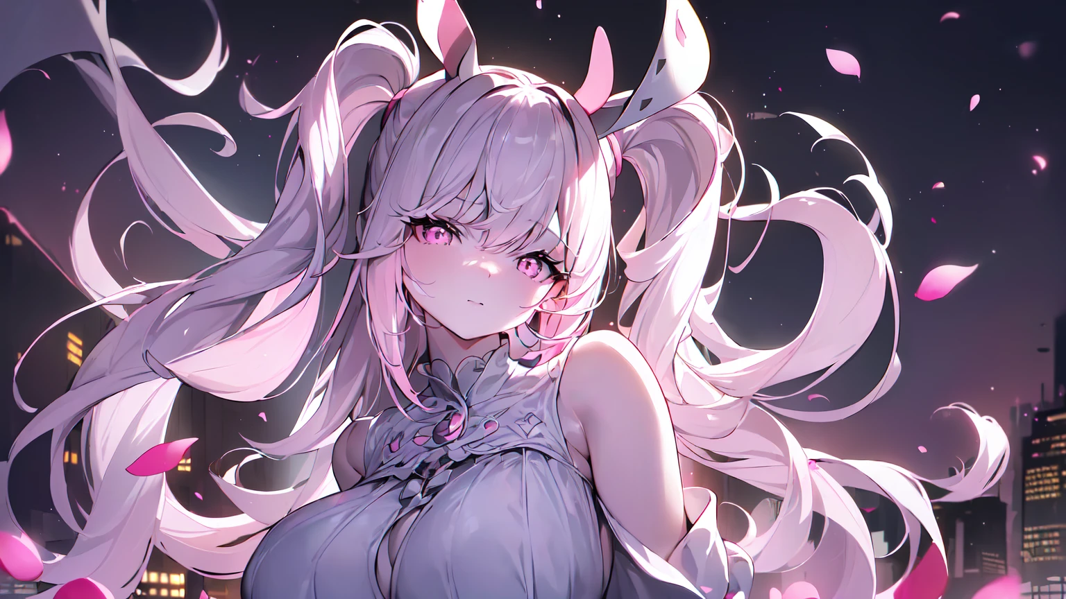((((Obra maestra, La mejor calidad, ultrahigh resolution)))), 1girl, standing,), ((long pure pink hair, hair over eye)), long hair cut, shiny skin, ((pink eyes)), glowing_eyes, neon eyes, (ultra detailed eyes:0.7, beautiful and detailed face, detailed eyes:0.9), ((centered)), smirk, facing viewer, ((vibrant background, dark lighting, summer, sunlight)), large chested, looking at viewer, ((half closed eyes)), ((perfect hands)), (((head:1, arms, hips in view, elbows, in view))), ((hands behind back)), empty eyes, beautiful lighting, ((outside, outdoors)), defined subject, head tilt, (((gritty)), ((creepy)), ((cool)), ((beautiful)), (((SFW))), horns, hair ornament, petals in the air, moon in the sky, city, mature woman, adult woman, sfw, pink and white dress, night dress, bunny ears, she is a princess,